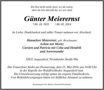 Anzeige  Günter Meierernst  Lippische Landes-Zeitung