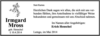 Anzeige  Irmgard Mross  Lippische Landes-Zeitung