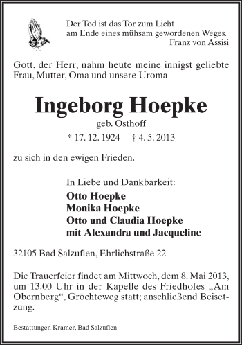 Anzeige  Ingeborg Hoepke  Lippische Landes-Zeitung