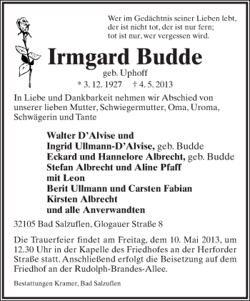 Anzeige  Irmgard Budde  Lippische Landes-Zeitung