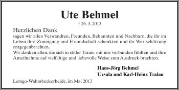 Anzeige  Ute Behmel  Lippische Landes-Zeitung