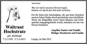 Anzeige  Waltraut Hochstrate  Lippische Landes-Zeitung