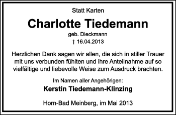 Anzeige  Charlotte Tiedemann  Lippische Landes-Zeitung