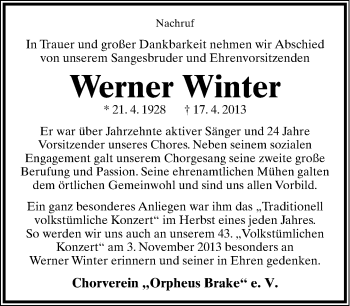 Anzeige  Werner Winter  Lippische Landes-Zeitung