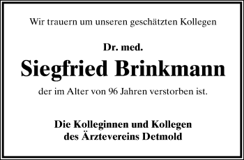Anzeige  Siegfried Brinkmann  Lippische Landes-Zeitung