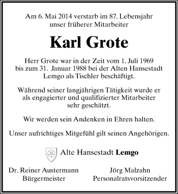 Anzeige  Karl Grote  Lippische Landes-Zeitung