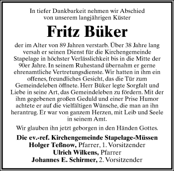 Anzeige  Fritz Büker  Lippische Landes-Zeitung