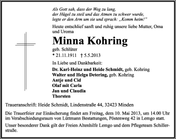 Anzeige  Minna Kohring  Lippische Landes-Zeitung