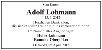 Anzeige  Adolf Lohmann  Lippische Landes-Zeitung