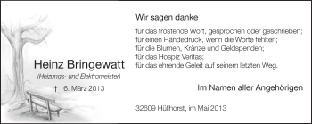 Anzeige  Heinz Bringewatt  Lippische Landes-Zeitung