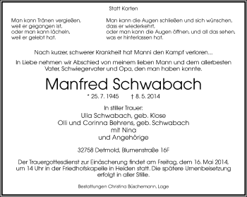 Anzeige  Manfred Schwabach  Lippische Landes-Zeitung
