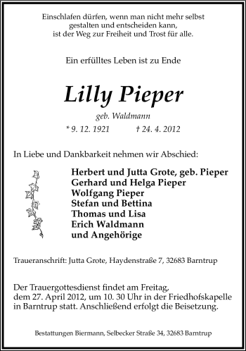 Anzeige  Lilly Pieper  Lippische Landes-Zeitung