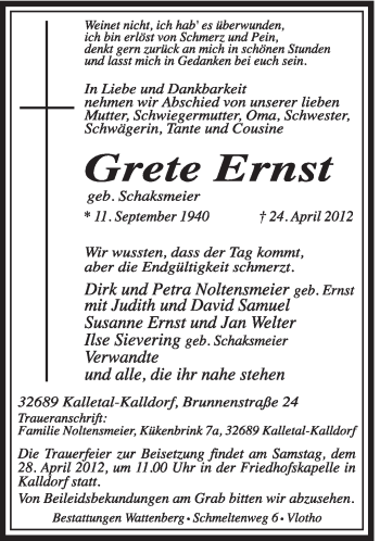 Anzeige  Grete Ernst  Lippische Landes-Zeitung