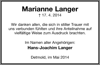 Anzeige  Marianne Langer  Lippische Landes-Zeitung