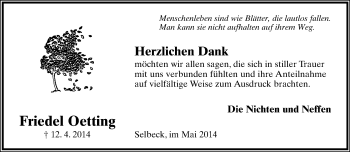 Anzeige  Friedel Oetting  Lippische Landes-Zeitung