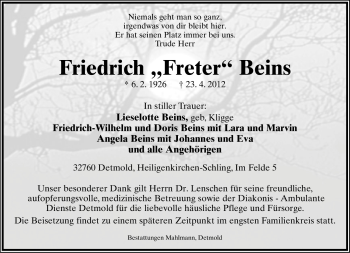 Anzeige  Friedrich Beins  Lippische Landes-Zeitung