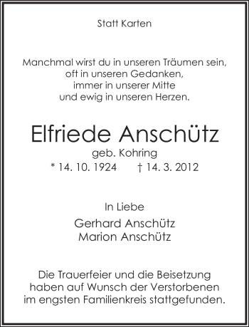 Anzeige  Elfriede Anschütz  Lippische Landes-Zeitung