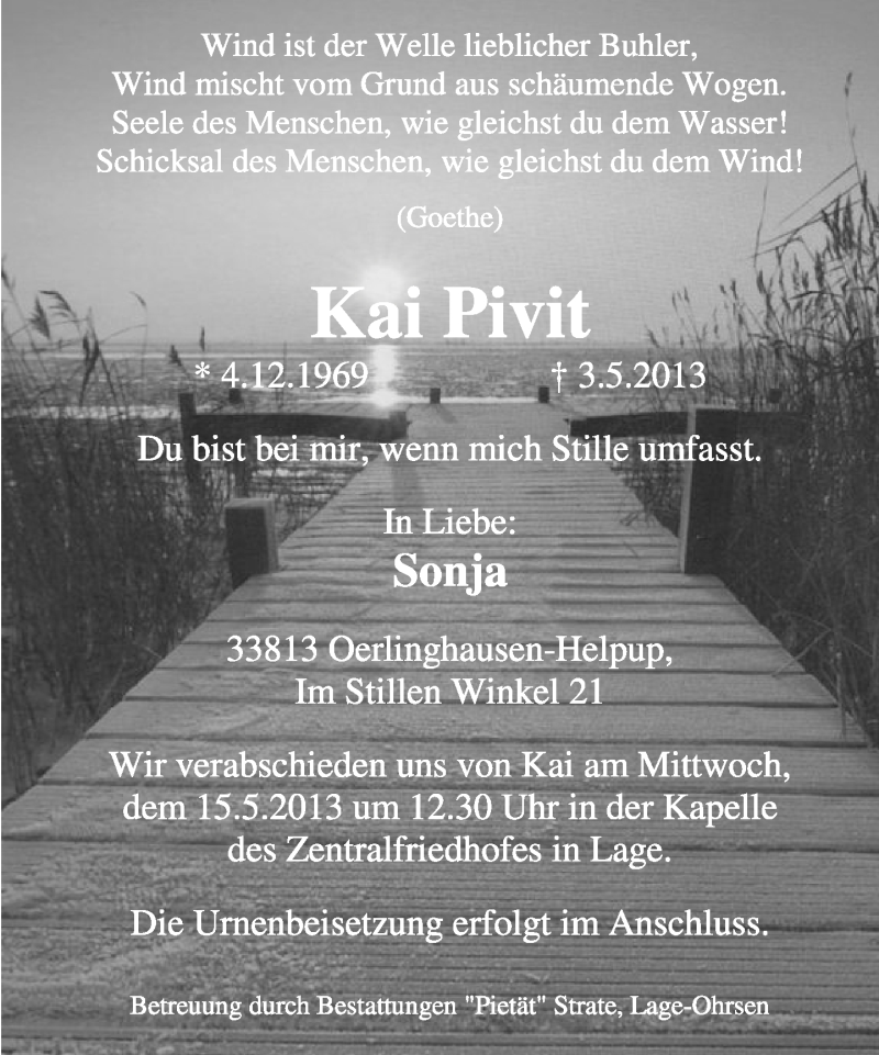  Traueranzeige für Kai Pivit vom 08.05.2013 aus Lippische Landes-Zeitung