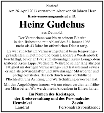 Anzeige  Heinz Gudehus  Lippische Landes-Zeitung