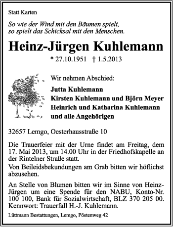 Anzeige  Heinz-Jürgen Kuhlemann  Lippische Landes-Zeitung