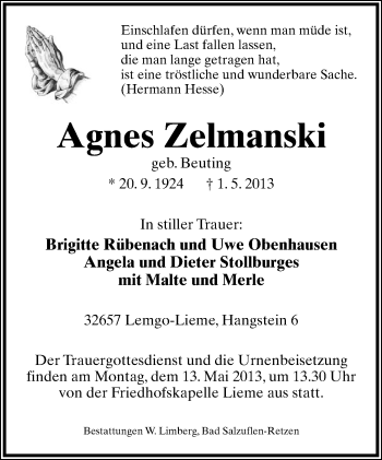 Anzeige  Agnes Zelmanski  Lippische Landes-Zeitung