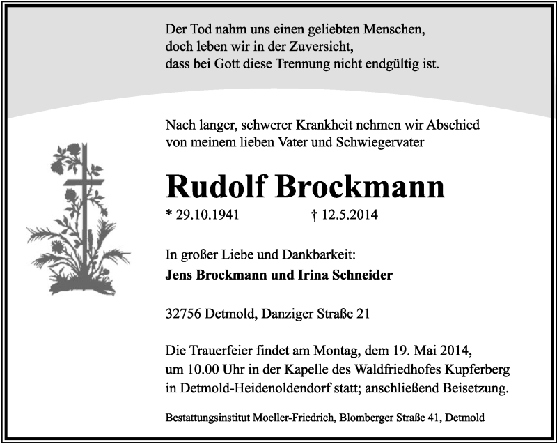  Traueranzeige für Rudolf Brockmann vom 14.05.2014 aus Lippische Landes-Zeitung
