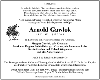 Anzeige  Arnold Gawlok  Lippische Landes-Zeitung