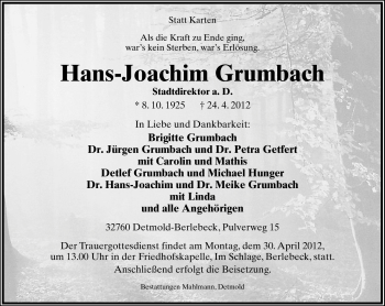Anzeige  Hans-Joachim Grumbach  Lippische Landes-Zeitung
