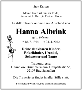 Anzeige  Hanna Albrink  Lippische Landes-Zeitung