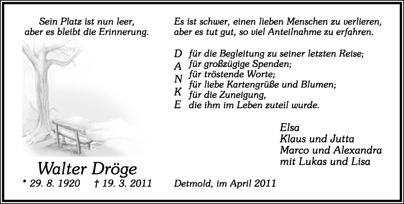  Traueranzeige für Walter Dröge vom 16.04.2011 aus Lippische Landes-Zeitung