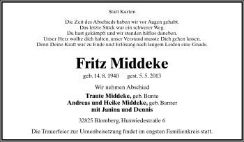 Anzeige  Fritz Middeke  Lippische Landes-Zeitung