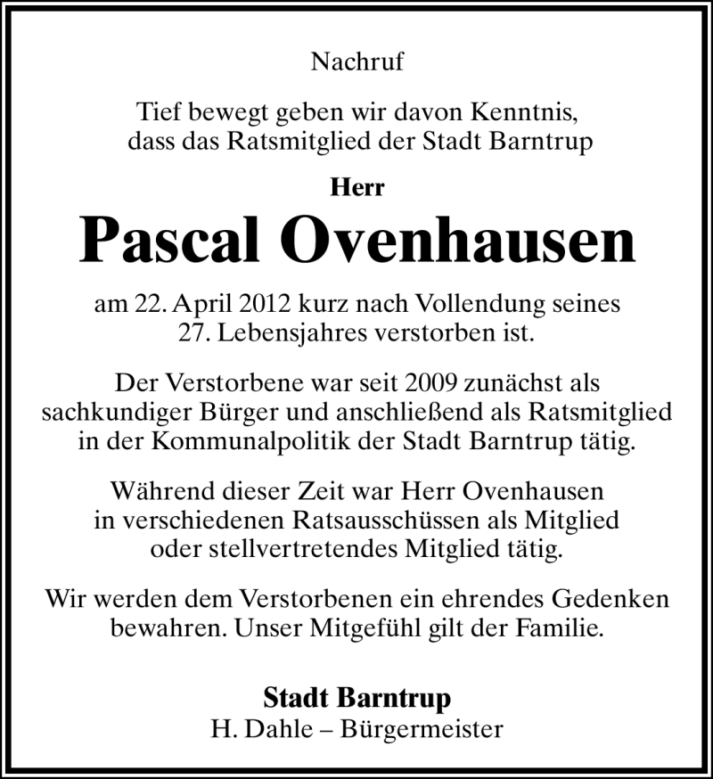  Traueranzeige für Pascal Ovenhausen vom 28.04.2012 aus Lippische Landes-Zeitung