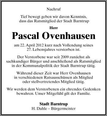Anzeige  Pascal Ovenhausen  Lippische Landes-Zeitung