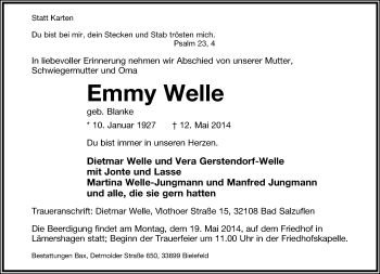 Anzeige  Emmy Welle  Lippische Landes-Zeitung