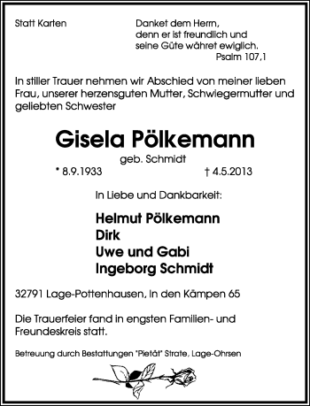 Anzeige  Gisela Pölkemann  Lippische Landes-Zeitung