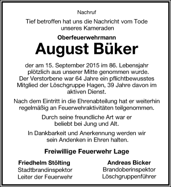 Anzeige  August Büker  Lippische Landes-Zeitung