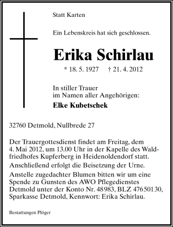 Anzeige  Erika Schirlau  Lippische Landes-Zeitung