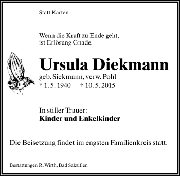 Anzeige  Ursula Diekmann  Lippische Landes-Zeitung