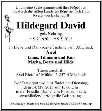 Anzeige  Hildegard David  Lippische Landes-Zeitung
