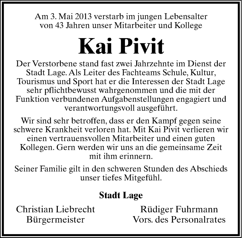  Traueranzeige für Kai Pivit vom 09.05.2013 aus Lippische Landes-Zeitung