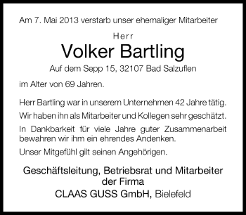 Anzeige  Volker Bartling  Lippische Landes-Zeitung