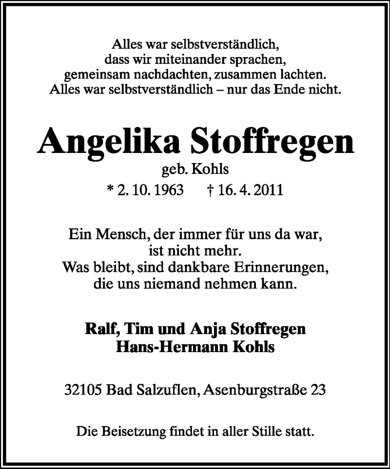  Traueranzeige für Angelika Stoffregen vom 19.04.2011 aus Lippische Landes-Zeitung