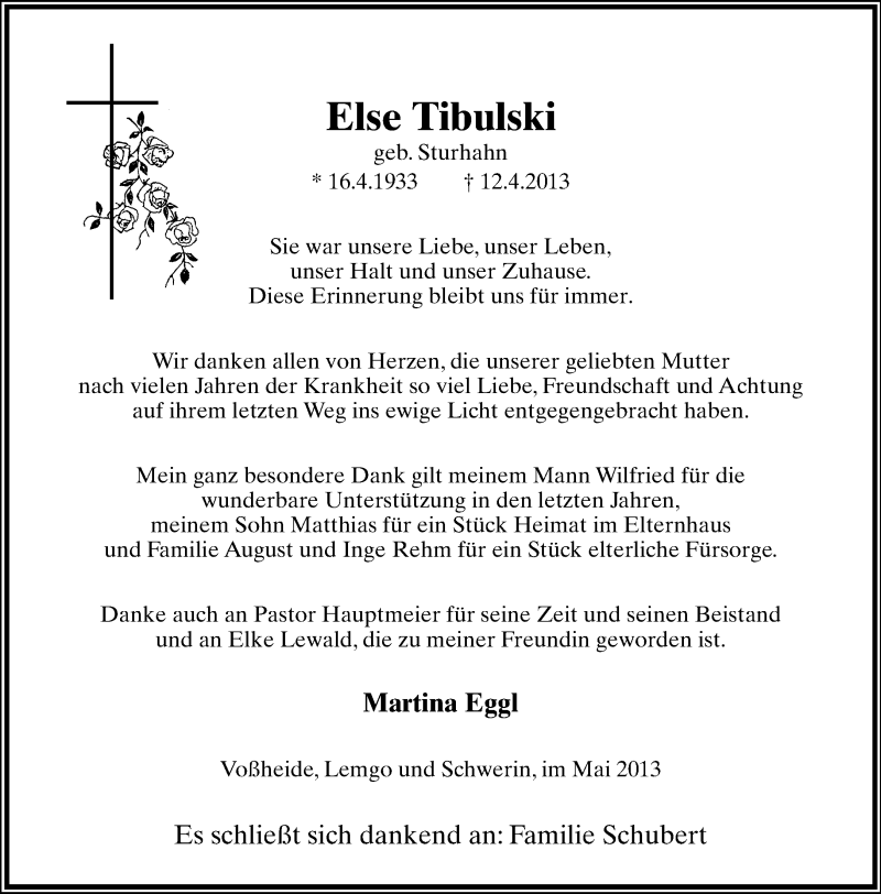  Traueranzeige für Else Tibulski vom 11.05.2013 aus Lippische Landes-Zeitung