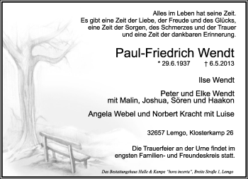 Anzeige  Paul-Friedrich Wendt  Lippische Landes-Zeitung