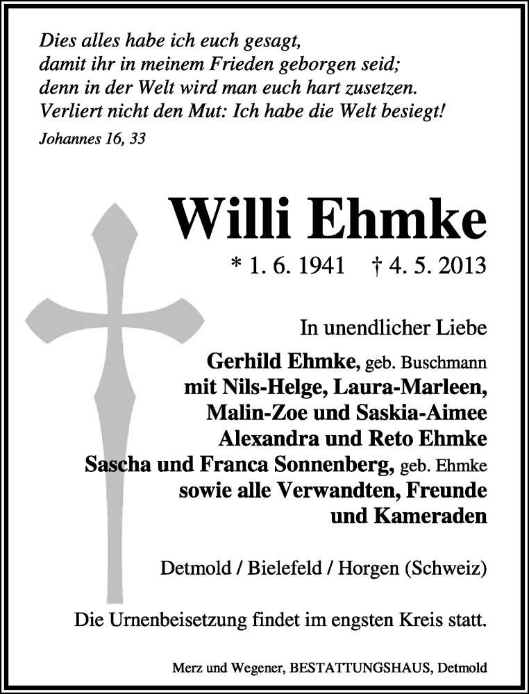  Traueranzeige für Willi Ehmke vom 09.05.2013 aus Lippische Landes-Zeitung