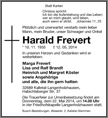 Anzeige  Harald Frevert  Lippische Landes-Zeitung