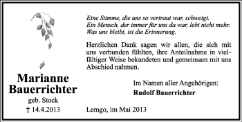 Anzeige  Marianne Bauerrichter  Lippische Landes-Zeitung