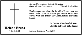 Anzeige  Helene Bruns  Lippische Landes-Zeitung