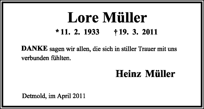  Traueranzeige für Lore Müller vom 22.04.2011 aus Lippische Landes-Zeitung