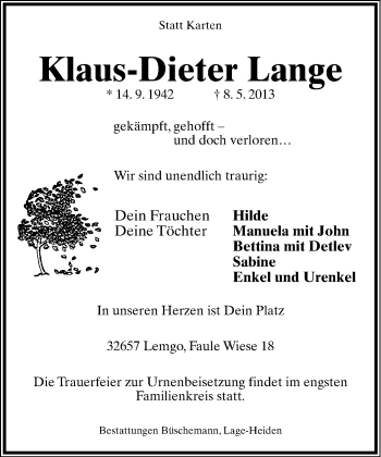 Anzeige  Klaus-Dieter Lange  Lippische Landes-Zeitung